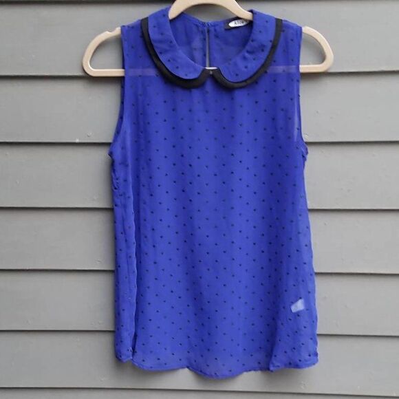 Kieu's Sheer Colbalt Blue w/Black Hearts Blouse Peter Pan Collar Size Medium - Picture 1 of 6